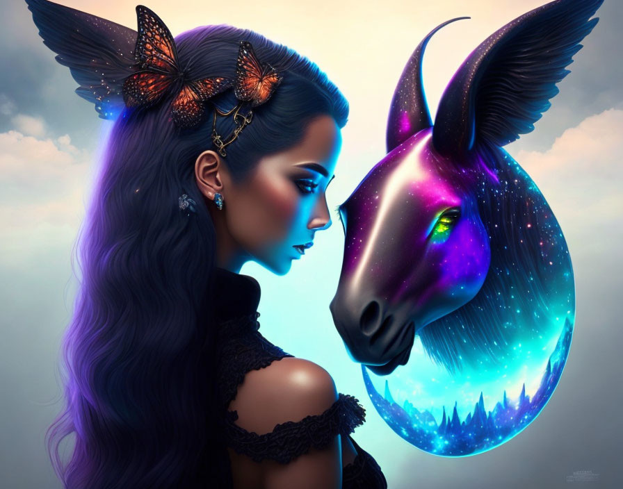 Surreal illustration of blue-skinned woman with butterfly in hair and mystical horse with cosmic mane.