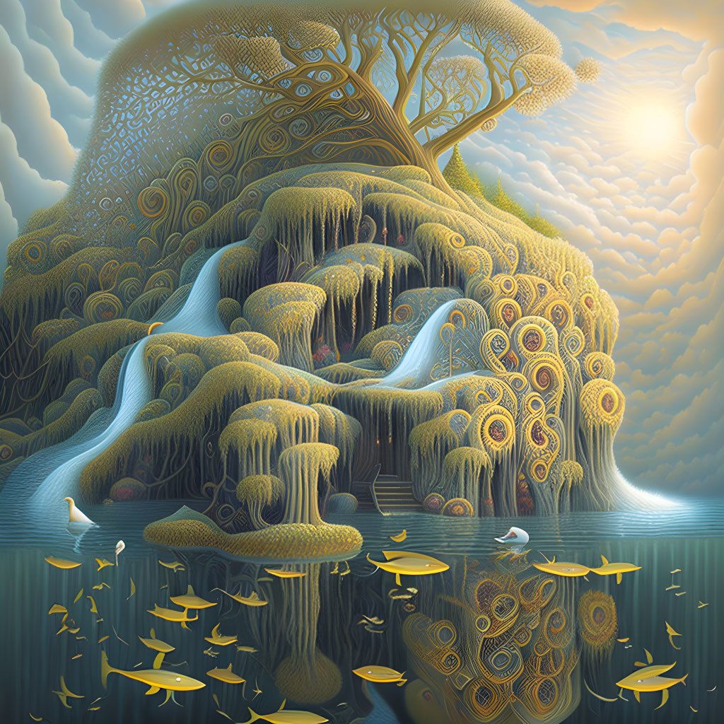 Fantastical tree with intricate patterns and waterfalls against a sunset sky