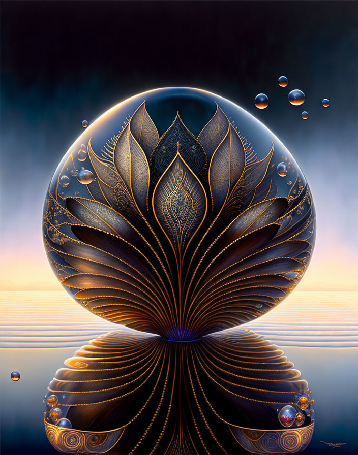 Surreal digital artwork: Large flower-like structure in translucent orb amidst smaller orbs at twilight horizon