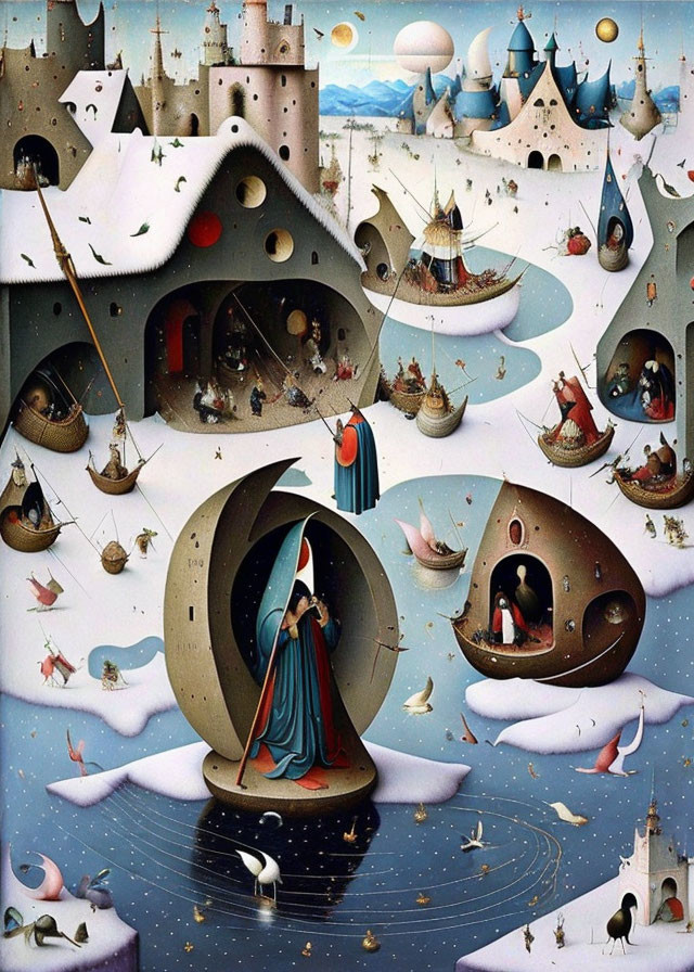 Surreal artwork: Cloaked figure in crescent moon with whimsical structures, boats, and