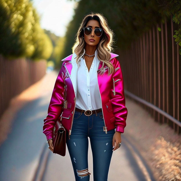 Fashionable individual in sunglasses, white shirt, pink jacket, and ripped jeans walking with brown bag