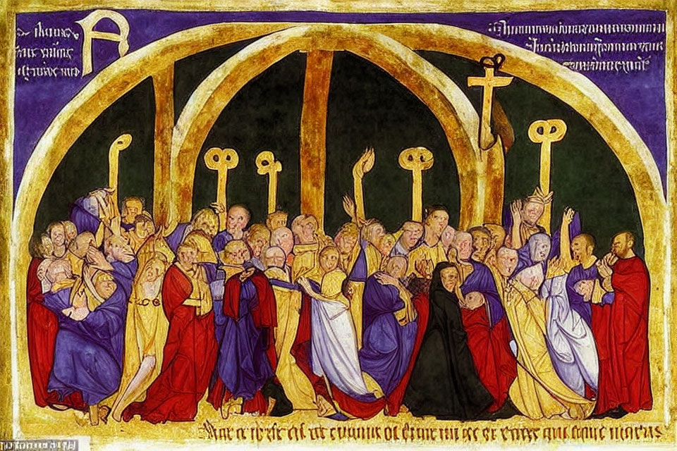 Medieval Manuscript Illustration of Robed Figures Under Gothic Arches