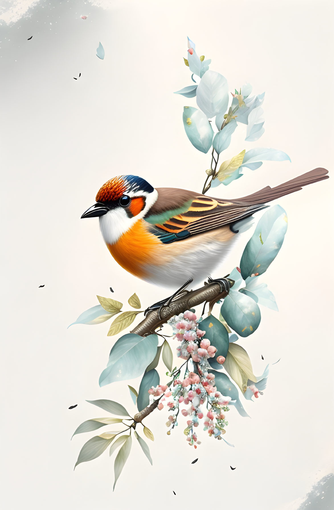 Colorful Bird with Orange Face on Branch Among Blue Flowers and Leaves