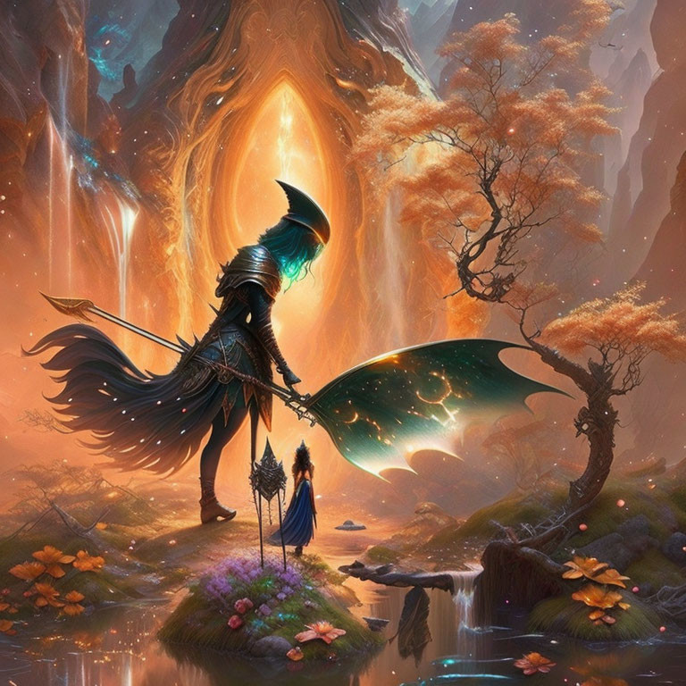 Cloaked figure with staff at glowing portal in vibrant nature scene.