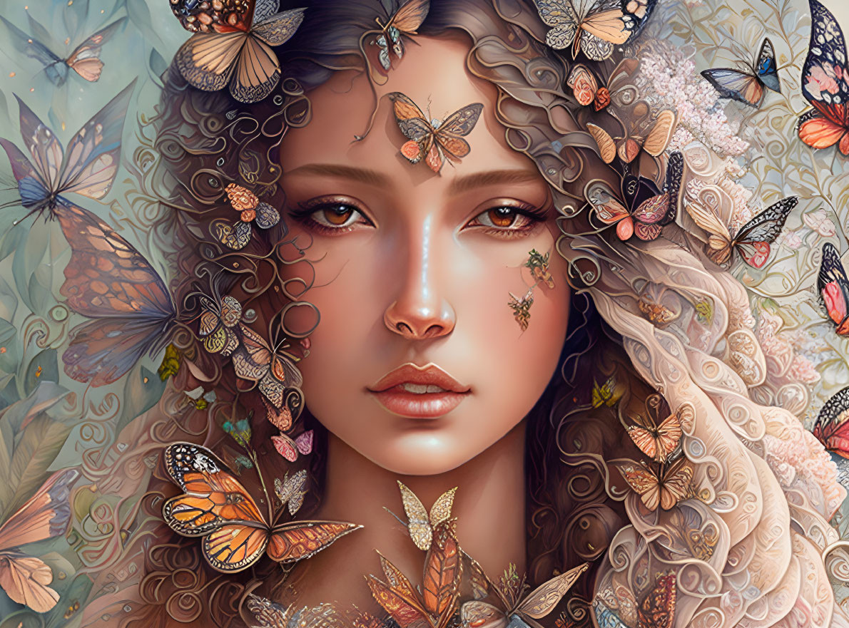 Woman surrounded by colorful butterflies with detailed patterns