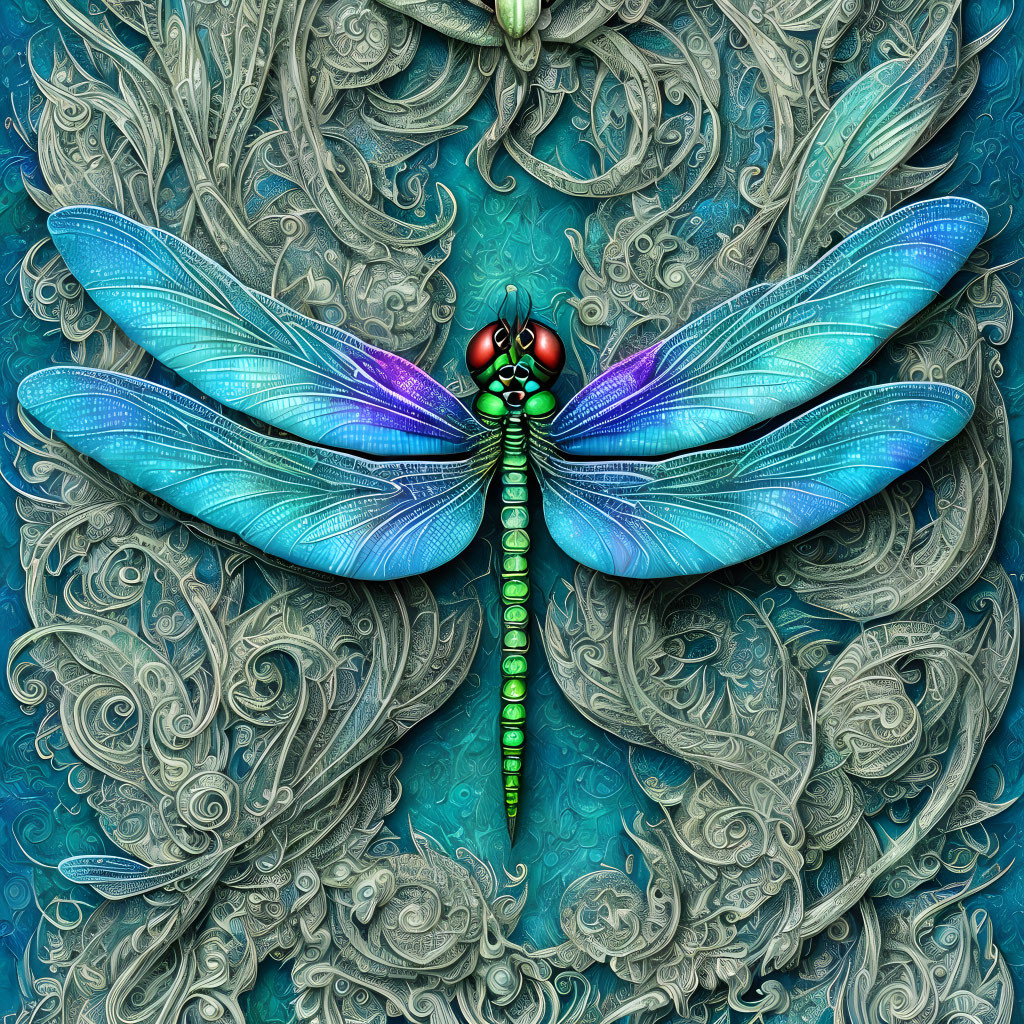 Colorful Dragonfly Illustration with Detailed Wings on Teal Floral Background