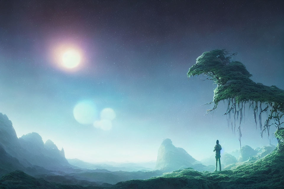 Solitary figure in lush, alien landscape with celestial body