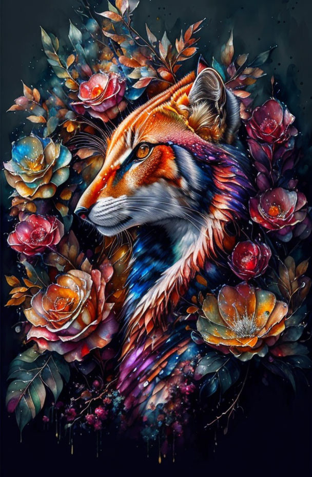 Colorful Fox Head Surrounded by Painted Flowers and Leaves