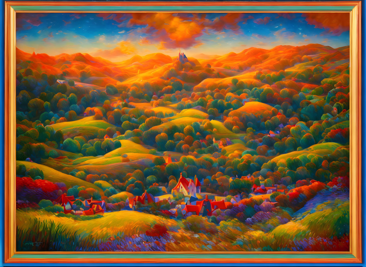 Colorful landscape painting with village, trees, and castle under dramatic sky