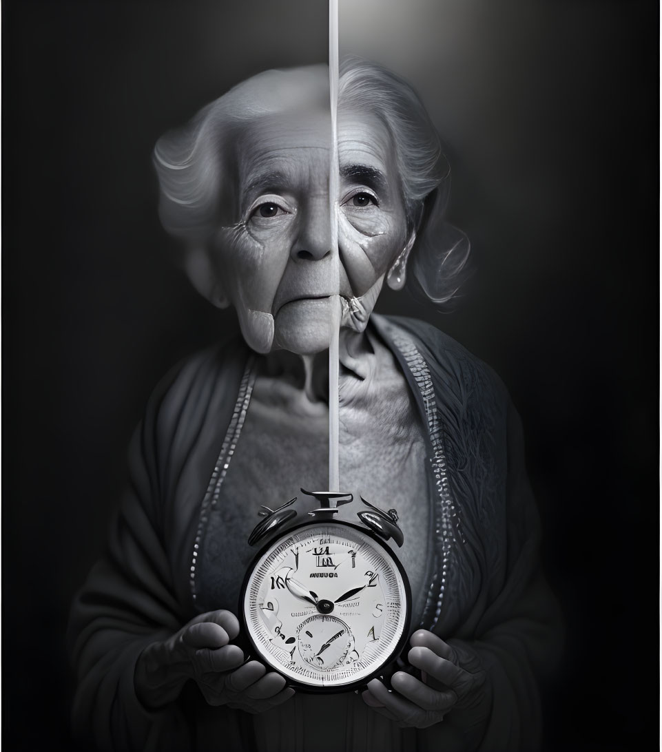 Split portrait of elderly woman with alarm clock showing age contrast