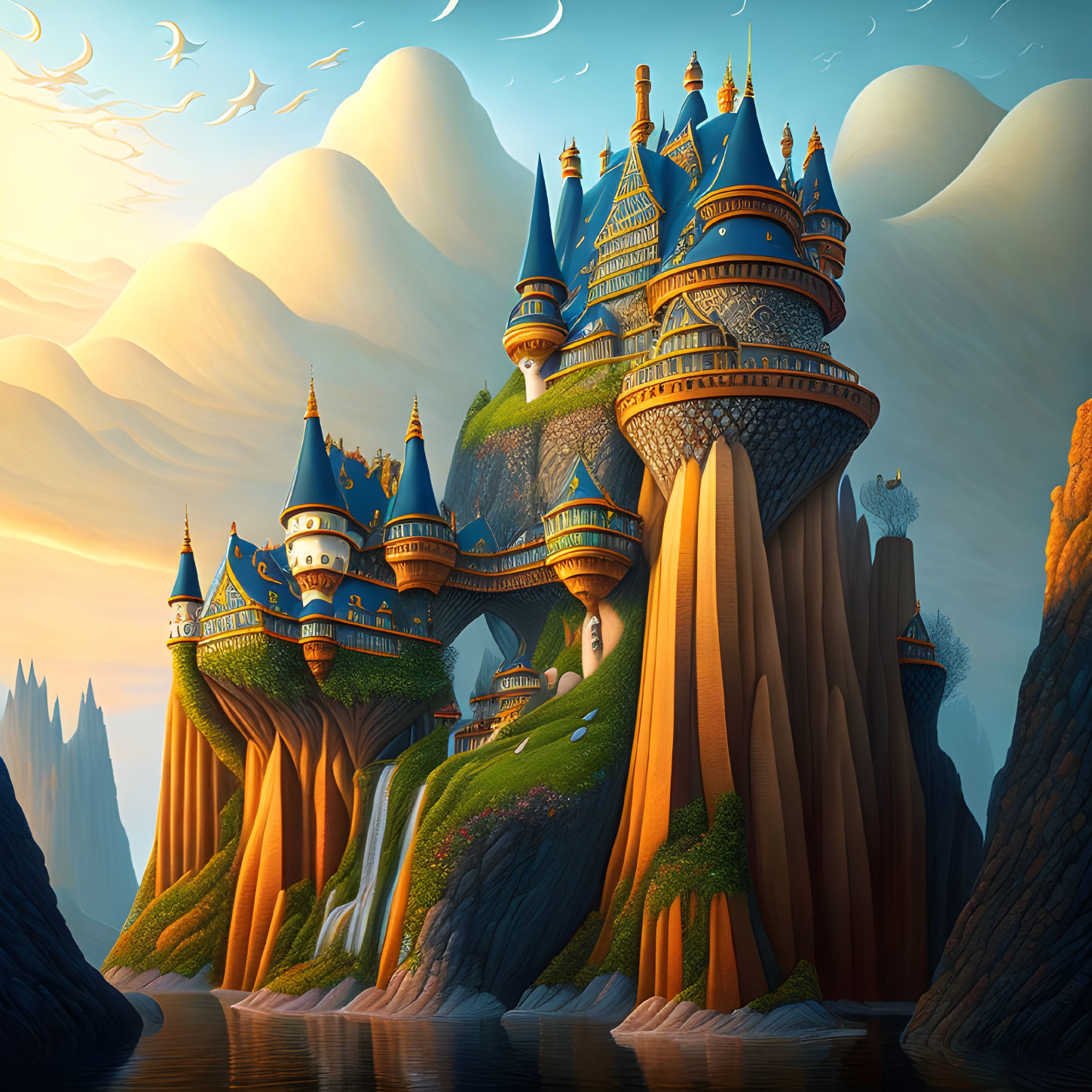 Fantastical castle with blue spires on high rock pillars above waterfall in orange landscape under bird-filled