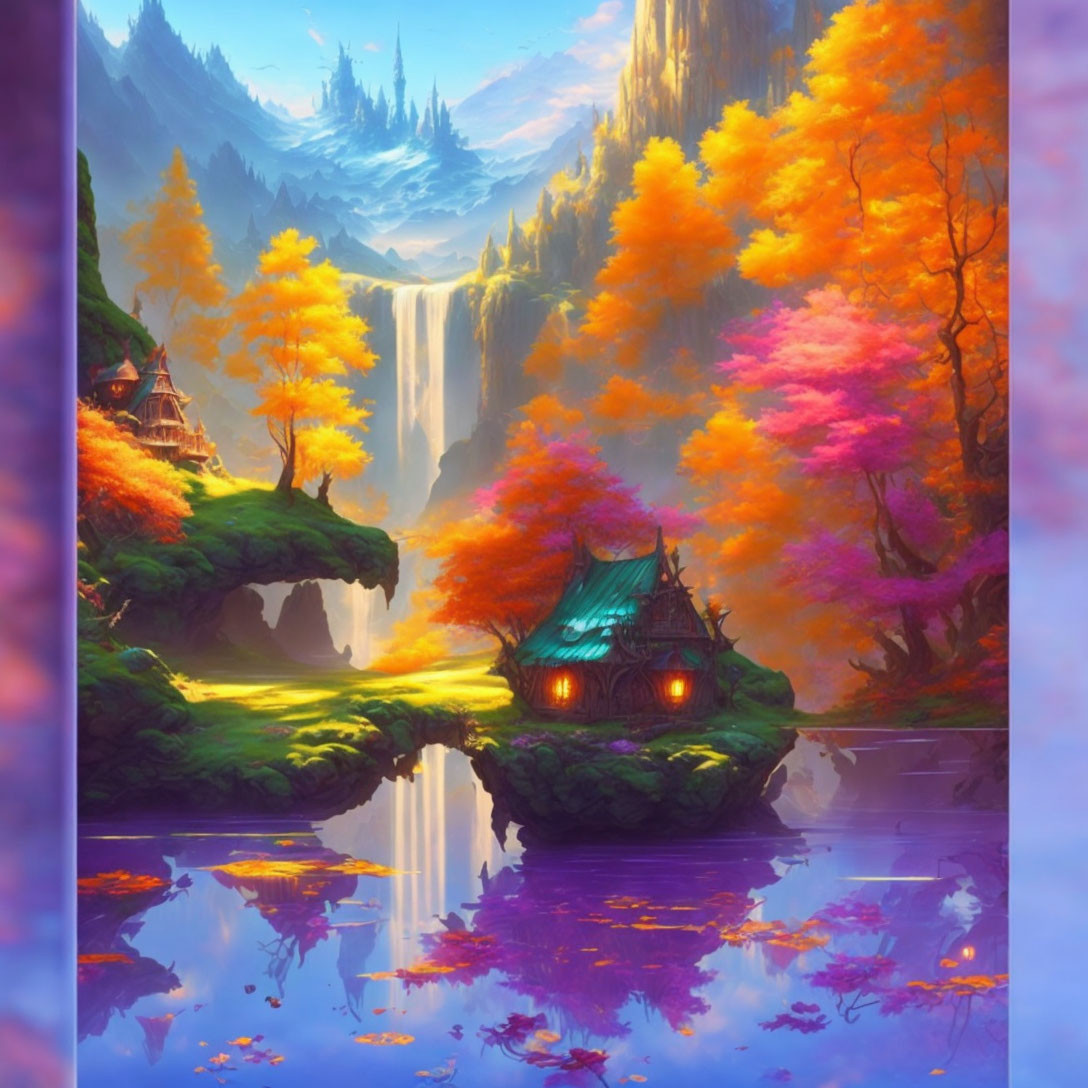 Colorful Autumn Fantasy Landscape with Quaint House on Islet