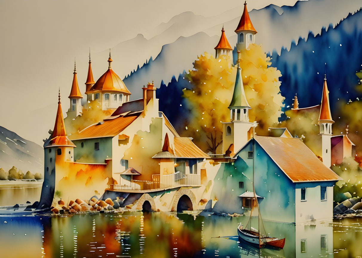 Scenic watercolor painting: Lakeside village, colorful houses, autumn trees, boat, misty