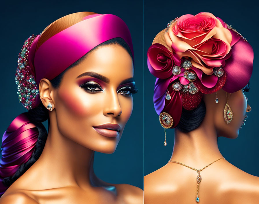 Woman with vibrant makeup and elaborate headpiece against teal background