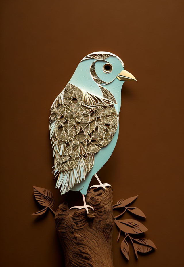 Blue and Brown Paper Art Bird on Branch with Feather Details