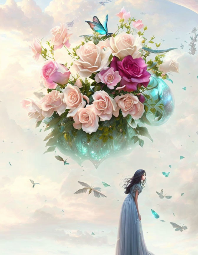 Woman admires floating bouquet of pink and cream roses with butterflies in dreamy sky