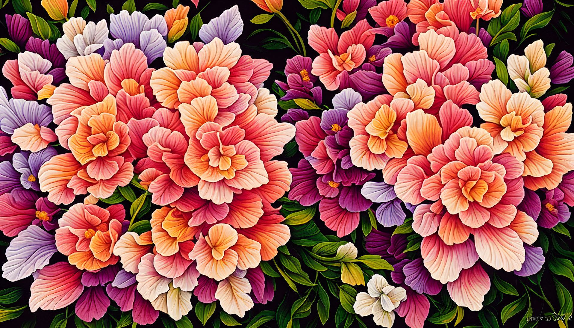 Detailed Illustration of Vibrant Multicolored Flower Cluster