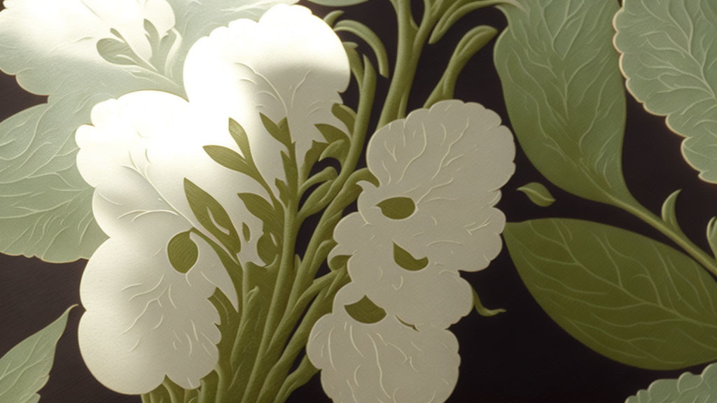 Detailed Floral Pattern: White Flowers & Green Leaves on Dark Background