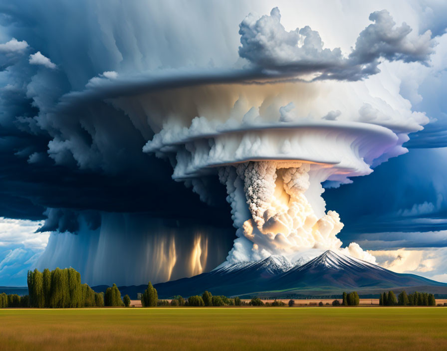 Giant cumulonimbus cloud with anvil top and heavy rain over serene landscape