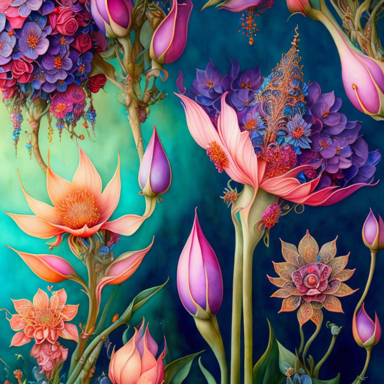 Colorful Exotic Flowers Digital Art on Teal Background