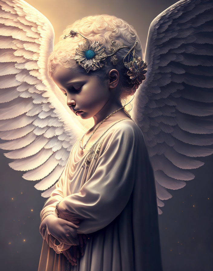 Child with angel wings and decorated headpiece radiates mystical charm