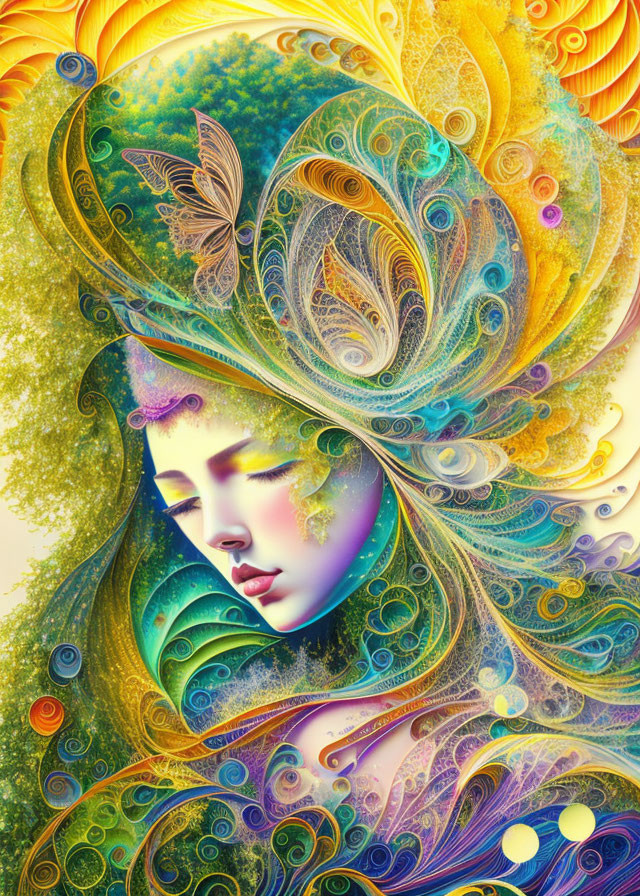 Colorful digital artwork of woman's face with peacock feather and floral motifs