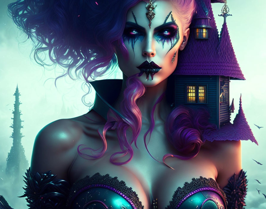 Fantasy artwork of a woman with purple hair and gothic makeup in twilight forest.