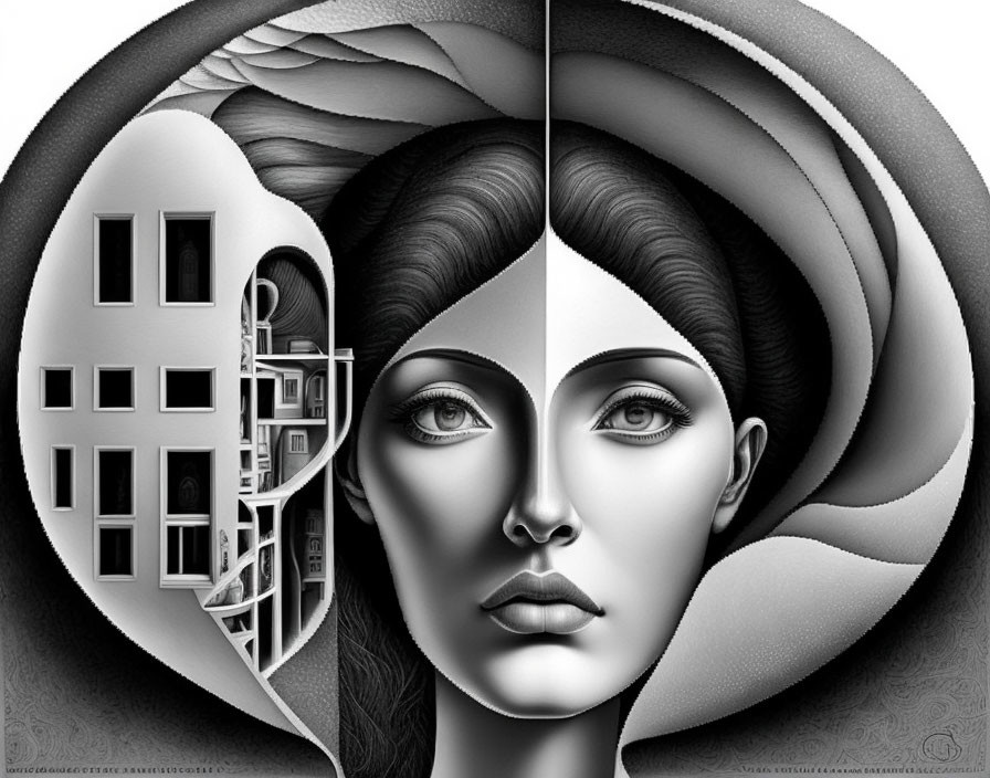 Surrealist black and white art: woman's face merges with architecture