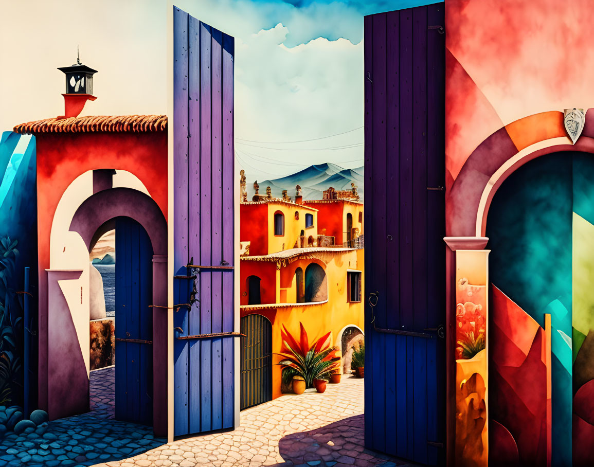 Vibrant mural of whimsical village scene with open doors under blue sky