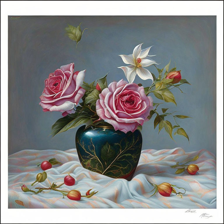 Pink Roses and White Flower in Blue Vase Still-Life Painting on Draped Cloth