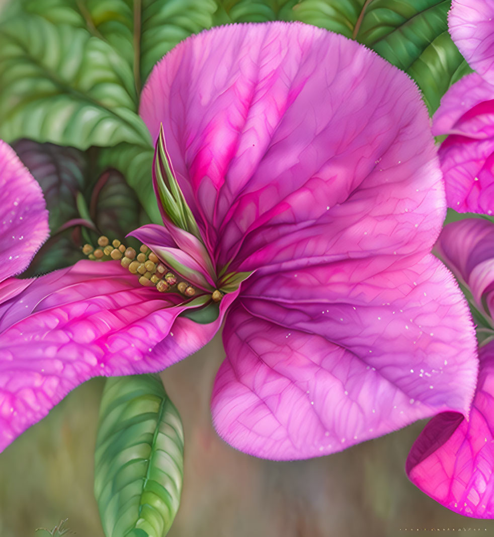 Detailed illustration of large pink flower with water droplets and green leaves