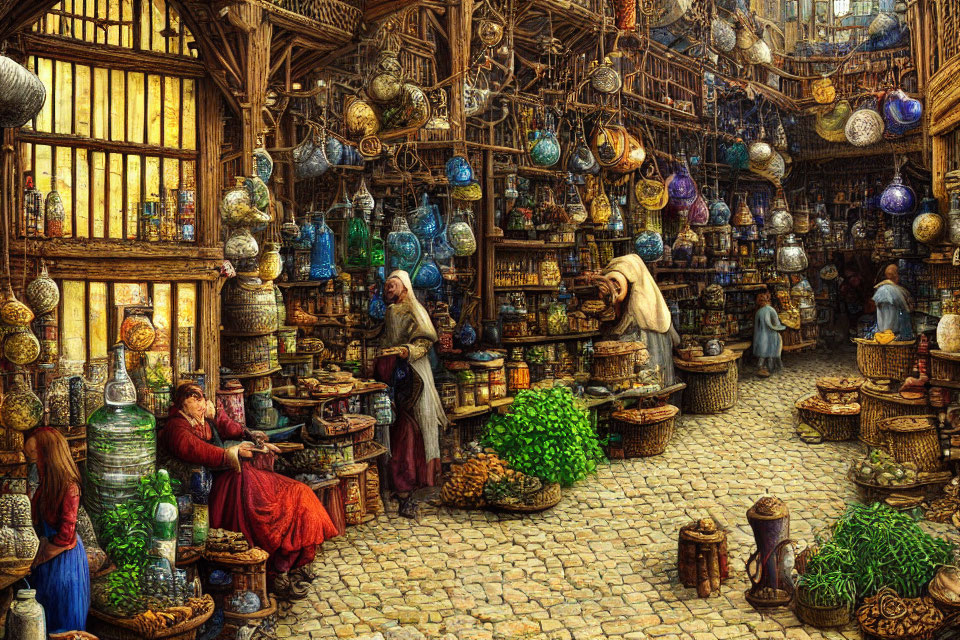 Medieval marketplace with pottery, baskets, and glassware vendors