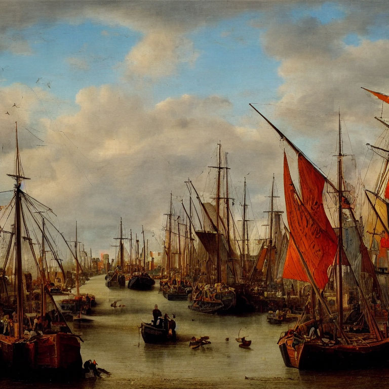 Historical port scene with tall ships and lively waterfront