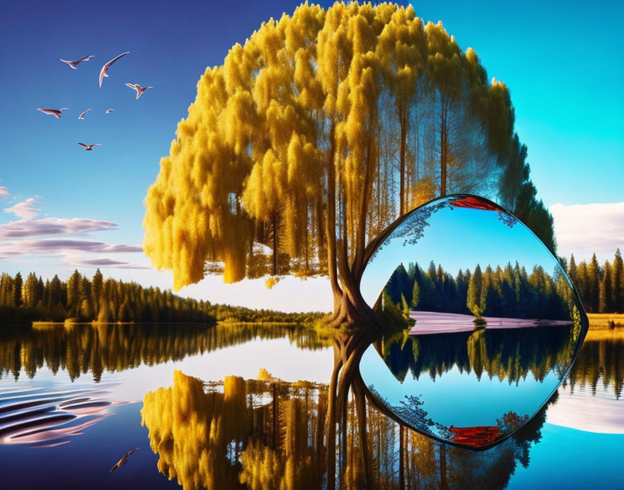 Surreal image: autumn tree reflected in lake with circular mirror showing summery scene