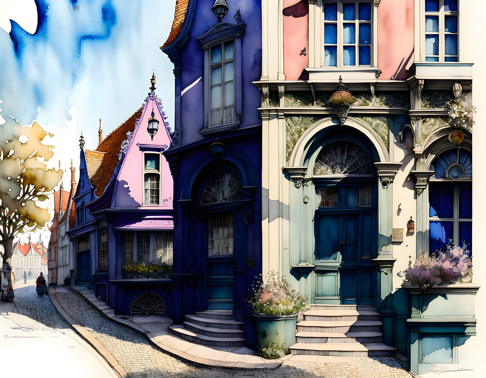 Vibrant European street scene with pastel buildings & cobblestones