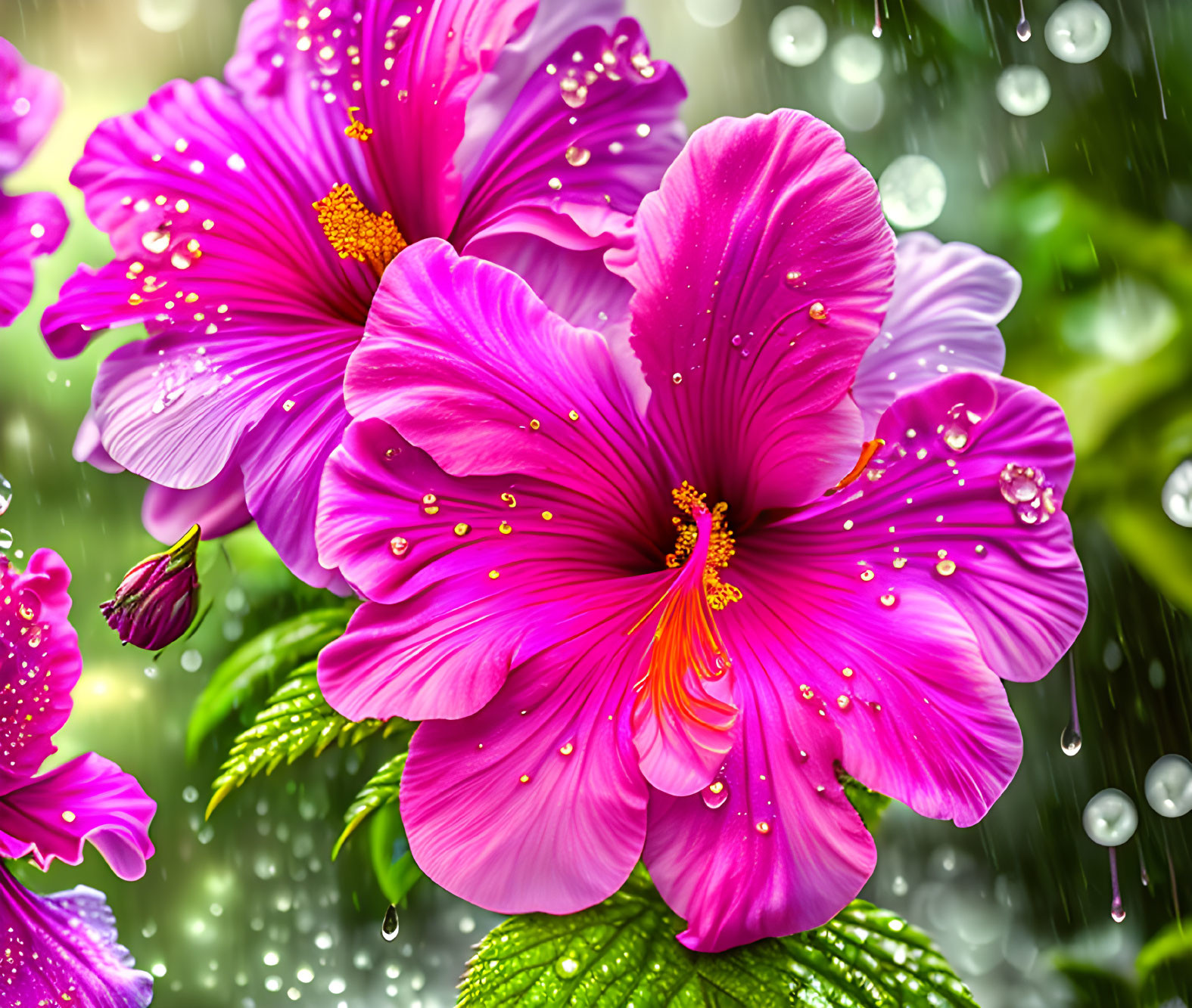 Bright Pink Hibiscus Flowers with Yellow Stamens and Water Droplets