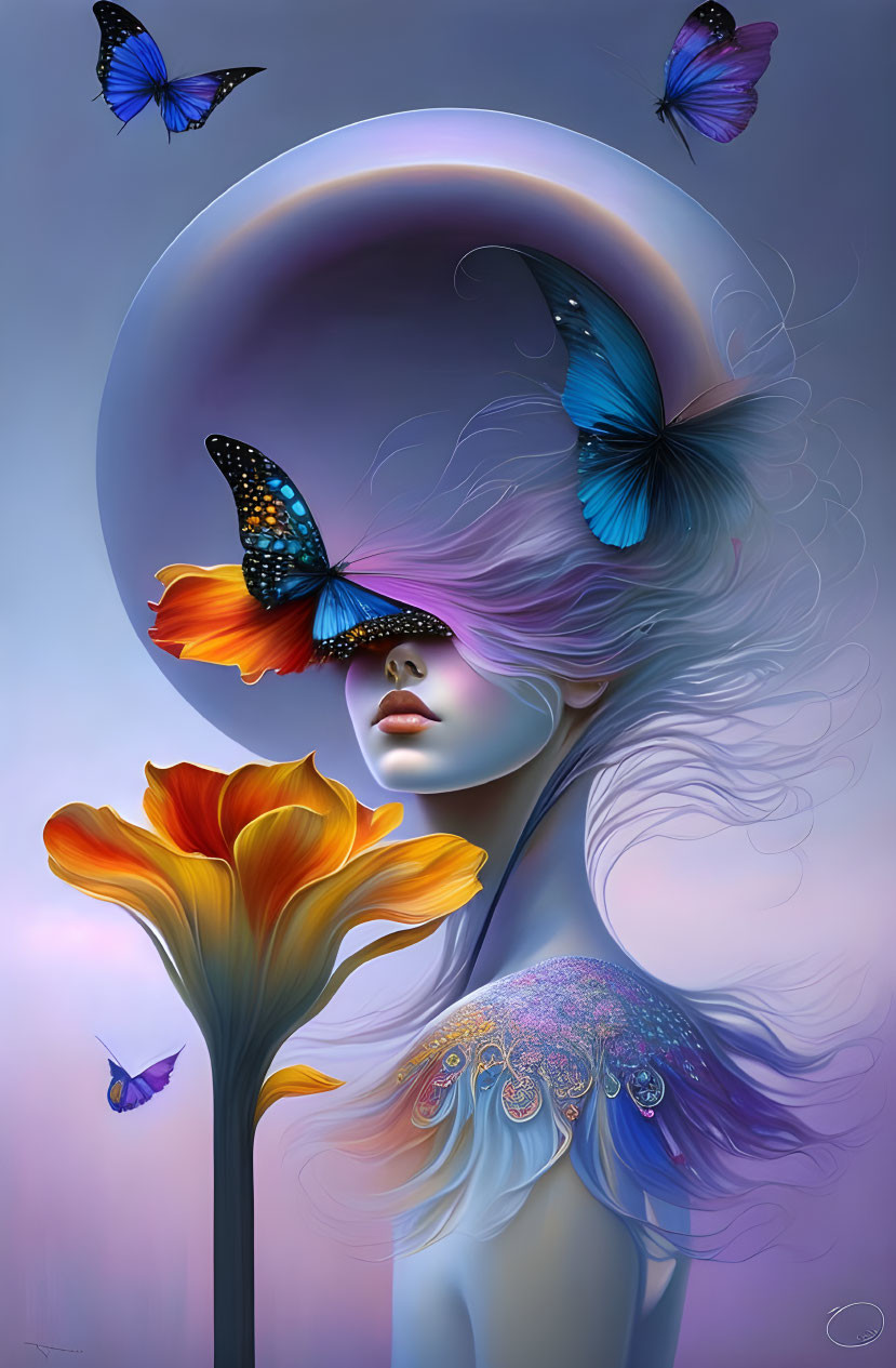 Surreal artwork: Woman with white hair, butterflies, moon, and flower