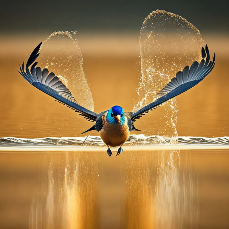 Kingfisher Bird Soaring Over Golden Water Splash