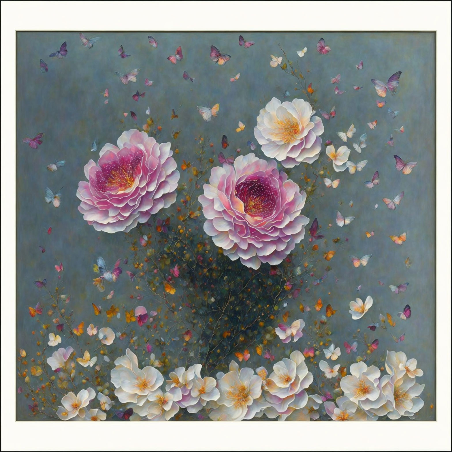 Vibrant peonies and delicate flowers with butterflies on blue-gray background