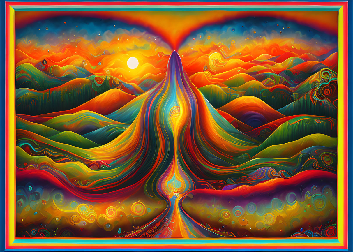 Colorful surreal landscape painting with flowing hills and tree-like figure.