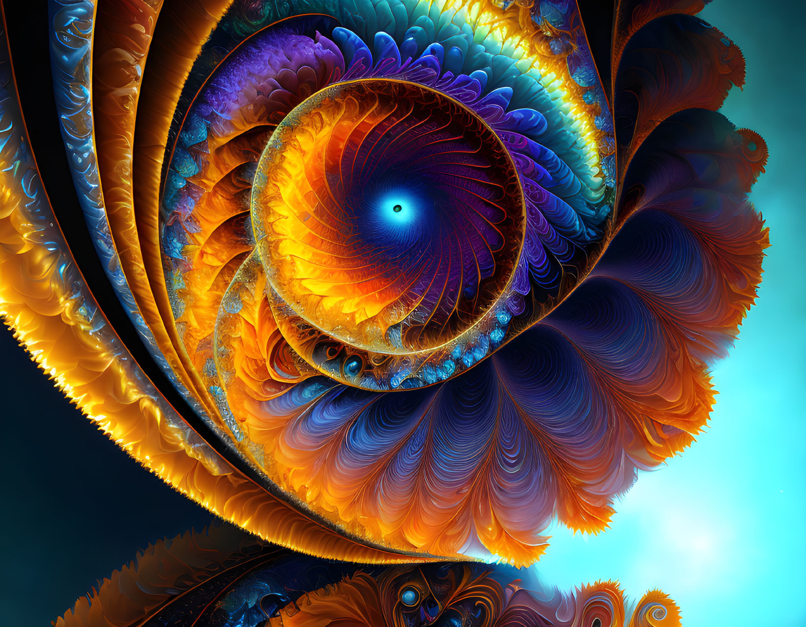 Colorful fractal art: Spiraling nautilus shell with intricate feather-like patterns