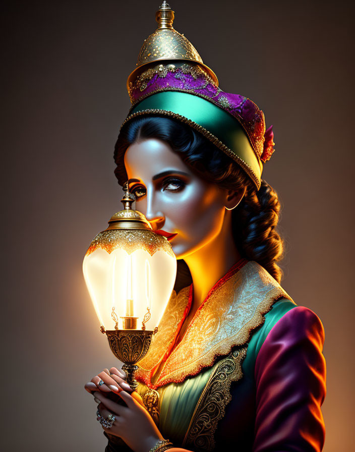 Traditional attire woman with glowing lantern and intricate headgear in elegant pose