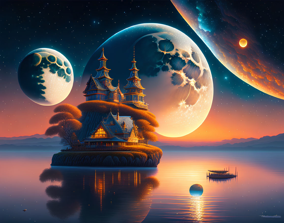 Fantastical landscape: ornate buildings on island under starry sky.