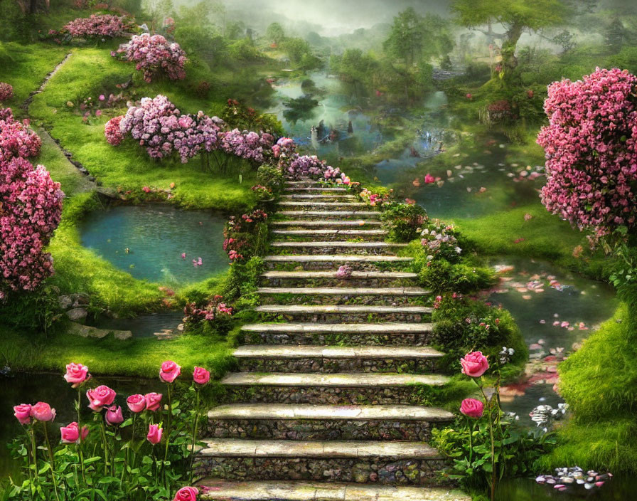 Tranquil garden with stone steps, pink blossoms, and lush greenery