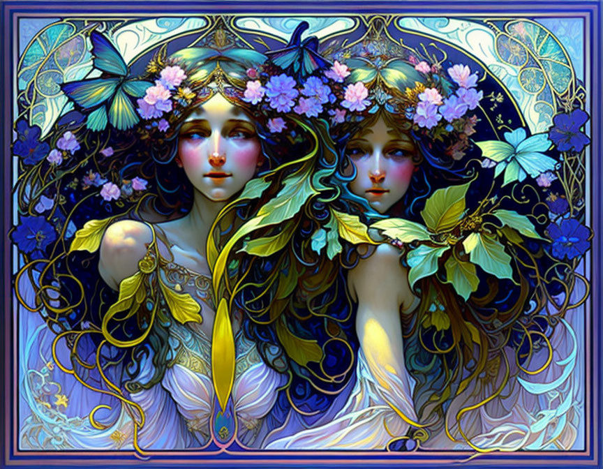 Ethereal female figures with butterflies, flowers, and leaves in intricate blue and golden borders