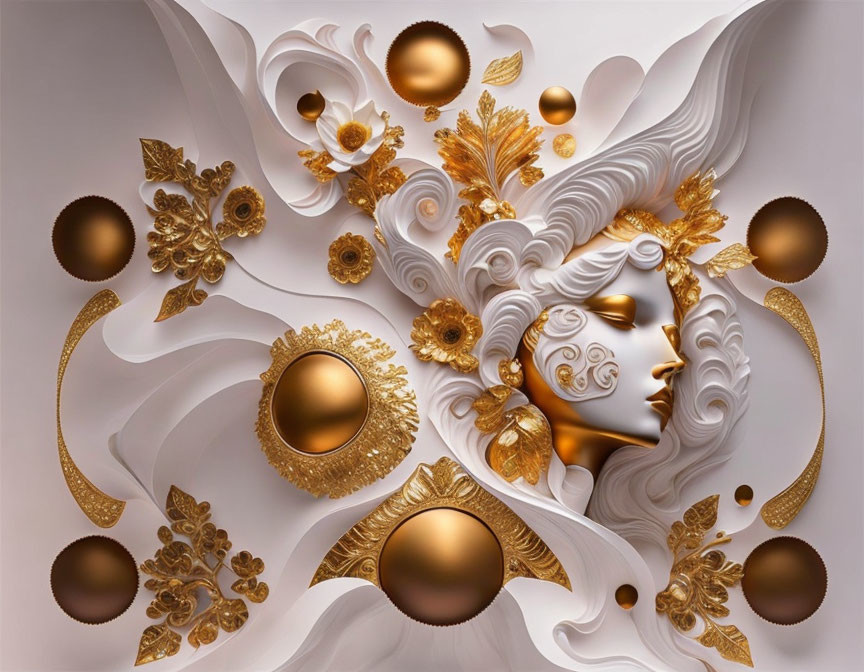 Abstract digital artwork: white and gold face with ornate swirling elements and golden orbs.