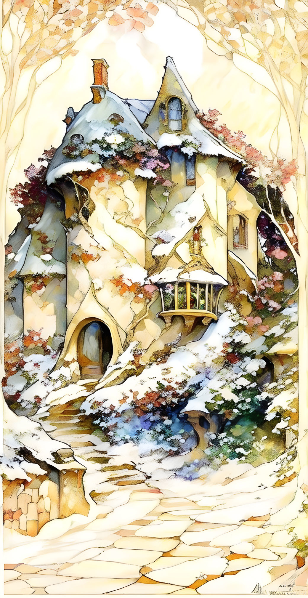 Autumn-themed watercolor painting of a tall house and trees