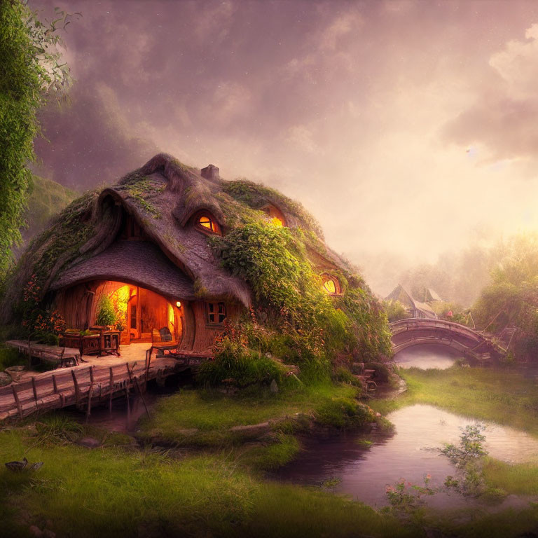 Thatched-Roof Cottage in Misty Landscape with Wooden Bridge