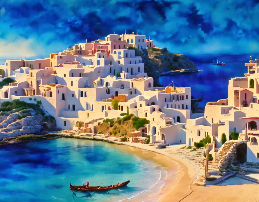 Mediterranean Coastal Village with White Buildings and Blue Domes