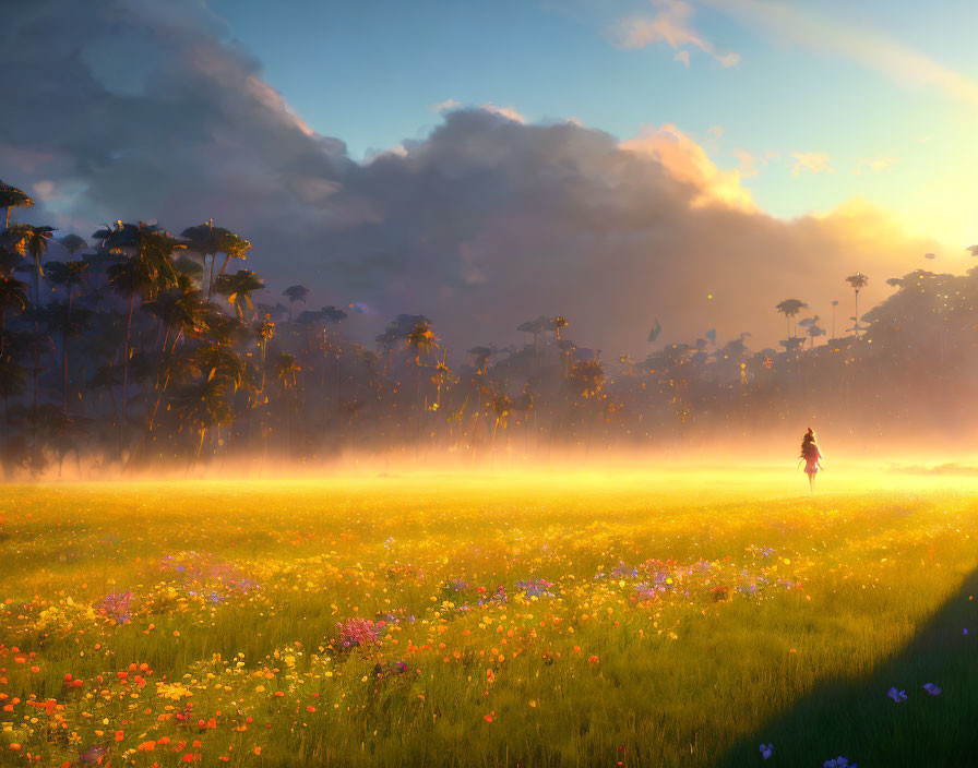 Person walking in vibrant sunlit flower field with tall trees and floating particles